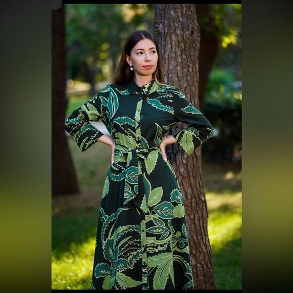 Zara Bold Green Print Maxi Button Up Belt Dress Leaf Print Size S– 100% Cotton - Picture 7 of 14